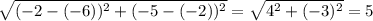 \sqrt{(-2-(-6))^2+(-5-(-2))^2}=\sqrt{4^2+(-3)^2}=5