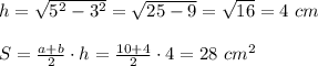 h= \sqrt{5^2-3^2}= \sqrt{25-9}= \sqrt{16}=4\ cm\\\\S= \frac{a+b}{2}\cdot h= \frac{10+4}{2}\cdot4=28\ cm^2