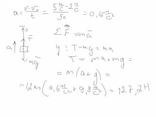 Груз массой 12 кг поднимают равноускоренно на шнуре. за 5 секунд подъема груза его скорость изменила