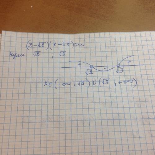 Используя метод интервалов, решите неравенства (х-√2)(х-√3)> 0. √ это корень так на