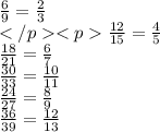 \frac{6}{9} = \frac{2}{3} \\ \frac{12}{15} = \frac{4}{5} \\ \frac{18}{21} = \frac{6}{7} \\ \frac{30}{33} = \frac{10}{11} \\ \frac{24}{27} = \frac{8}{9} \\ \frac{36}{39} = \frac{12}{13}