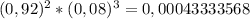 (0,92)^{2}*(0,08)^{3} =0,00043333568