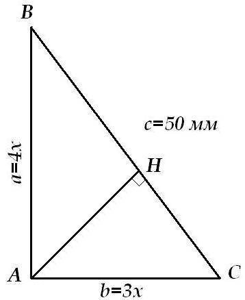 Катеты прямоугольного треугольника 3 : 4. а гипотенуза 50 мм. высота делит гипотенузу на две части (