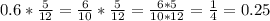 0.6* \frac{5}{12}= \frac{6}{10} * \frac{5}{12}= \frac{6*5}{10*12}= \frac{1}{4}=0.25