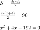 S= \frac{d_1\cdot d_2}{2} \\ \\ \frac{x\cdot (x+4)}{2}=96 \\ \\ x^{2} +4x -192=0