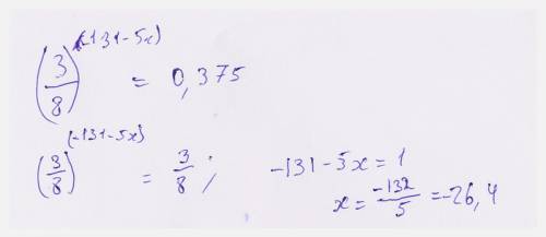 Получить ответ -26,4. 3^(-131-5 x)=0.375×8^(-131-5x)