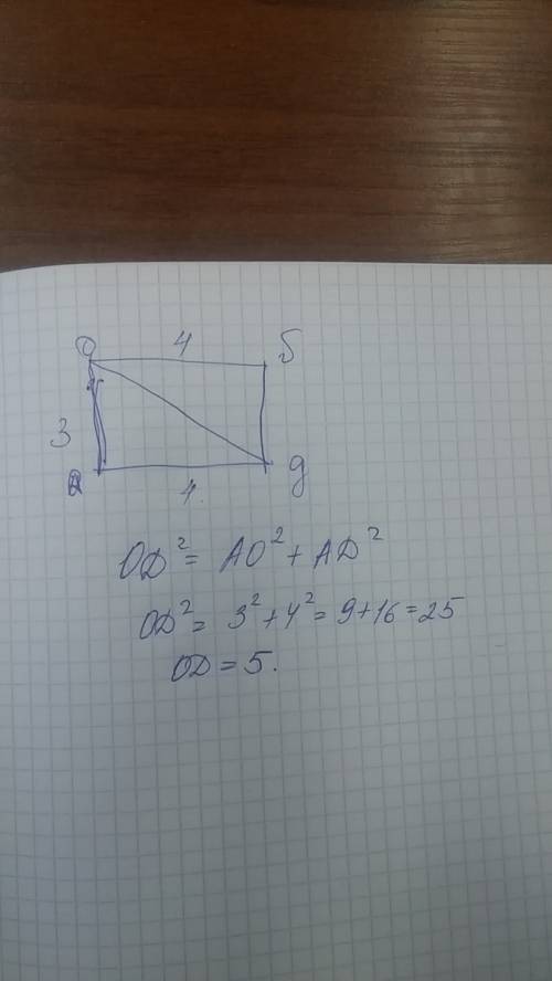 Известно что вектора ао=3 об=4 найдите од если аобд прямоугольник