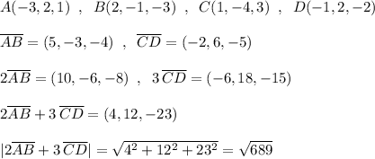 A(-3,2,1)\; \; ,\; \; B(2,-1,-3)\; \; ,\; \; C(1,-4,3)\; \; ,\; \; D(-1,2,-2)\\\\\overline {AB}=(5,-3,-4)\; \; ,\; \; \overline {CD}=(-2,6,-5)\\\\2\overline {AB}=(10,-6,-8)\; \; ,\; \; 3\, \overline {CD}=(-6,18,-15)\\\\2\overline {AB}+3\, \overline {CD}=(4,12,-23)\\\\|2\overline {AB}+3\, \overline {CD}|=\sqrt{4^2+12^2+23^2}=\sqrt{689}