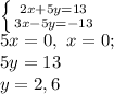 \left \{ {{2x+5y=13} \atop {3x-5y=-13}} \right. \\&#10;5x = 0, \ x = 0; \\&#10;5y = 13 \\&#10;y = 2,6 \\&#10;