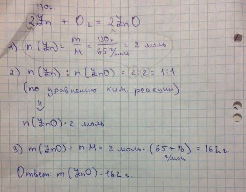 Какая масса оксида получится при взаимодействии 130 г цинка с кислородом