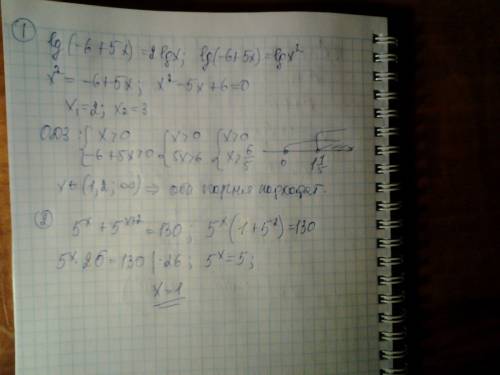 Решить log(-6+5x)=2lgx 5^{x} + 5 ^{x+2}=130[/tex]