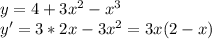 y=4+3x^2-x^3\\y'=3*2x-3x^2=3x(2-x)