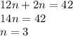 12n + 2n = 42 \\&#10;14n = 42 \\&#10;n = 3