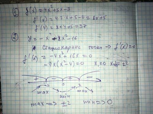 Выручите 1) вычислить f'(4), если f(x) = 4x^2 + 5x - 3 3)исследуйте функцию и постройте ее график y=