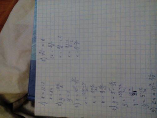 Решите уравнения: 1)х\7=12; 2)56\у=8; 3)х+5\21=10; 4)у-12\31=5; 5)2х+32\17=10; 6)81\2х+3=9