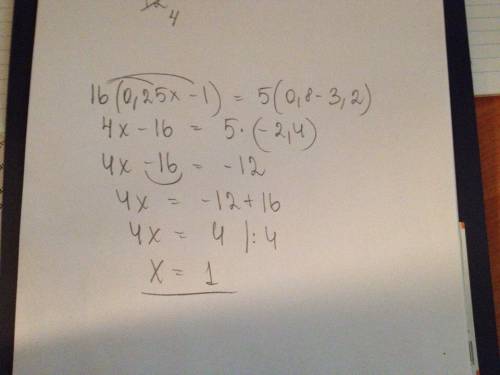 Решите уравнение 16(0.25x-1)=5(0.8-3.2)