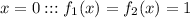 x = 0 ::: f_1(x) = f_2(x) = 1