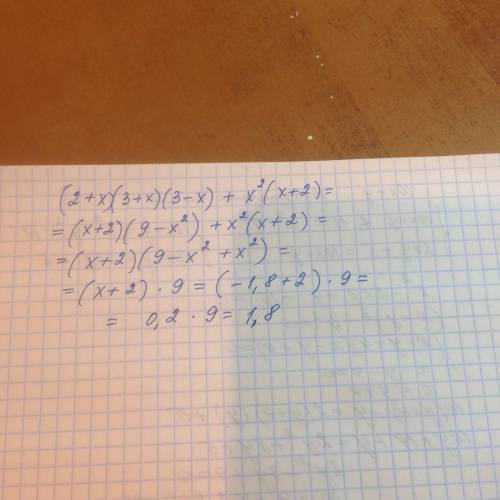 Знайдіть значення виразу (2+x)(3+x)(3-x)+x^2(x+2) при х= - 1,8