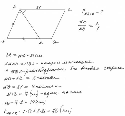 Впараллелограмме abcd из вершины тупого угла b проведена биccектриса bk. найдите периметр параллелог