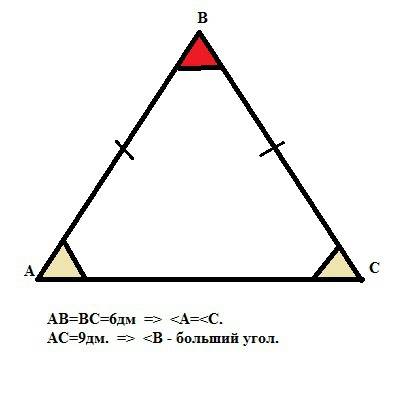 Втругольнике авс стороны ав = 6 дм вс =6 дм са=9 дм ответьте: а)какой угол в треугольнике самый боль