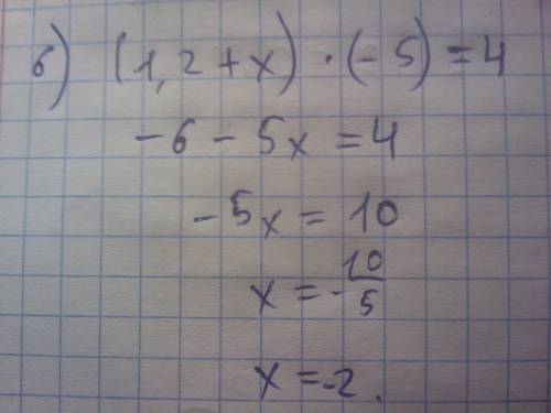 Решите уравнения: 4)(2+х)*3,1=-12,4 ; 5)(у-1,9)*(-2,4)=12 ; 6)(1,2+х)*(-5)=4 . ответы - 4)-6; 6)-2