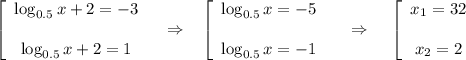 \left[\begin{array}{ccc}\log_{0.5}x+2=-3\\ \\ \log_{0.5}x+2=1\end{array}\right~~\Rightarrow~~\left[\begin{array}{ccc}\log_{0.5}x=-5\\ \\ \log_{0.5}x=-1\end{array}\right~~~\Rightarrow~~~\left[\begin{array}{ccc}x_1=32\\ \\ x_2=2\end{array}\right