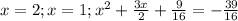 x = 2 ; x = 1 ; x^2 + \frac{3x}{2} + \frac{9}{16} = - \frac{39}{16}