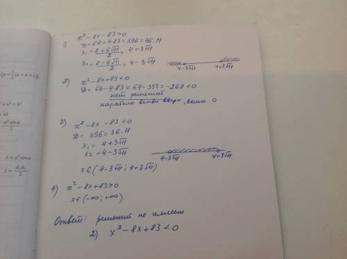 Укажите неравенство, которое не имеет решений. 1) x^2 -8x - 83 > 0 2) x^2 -8x + 83 < 0 3) x^2