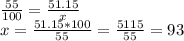 \frac{55}{100} = \frac{51.15}{x} \\ x= \frac{51.15*100}{55} = \frac{5115}{55}=93