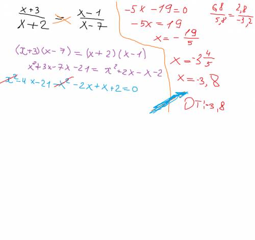 X+3 деленная x+2 = x-1 деленное x-7