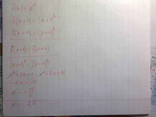 Дана функция f(x)=x^2 при каких значениях аргумента выполняется условие f(x+ 1)=f(x+ 4) подробно