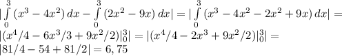 |\int\limits^3_0 {(x^3-4x^2)} \, dx- \int\limits^3_0 {(2x^2-9x)} \, dx| = |\int\limits^3_0 {(x^3-4x^2-2x^2+9x)} \, dx|= \\ |(x^4/4-6x^3/3+9x^2/2)|_0^3 |= |(x^4/4-2x^3+9x^2/2)|_0^3 |= \\ |81/4-54+81/2|=6,75