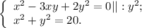 \left\{ \begin{array}{l} x^2 - 3xy + 2y^2 = 0 || : y^2 ; \\ x^2 + y^2 = 20 . \end{array}