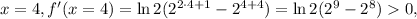 x = 4 , f'(x=4) = \ln{2} ( 2^{ 2 \cdot 4 + 1 } - 2^{ 4 + 4 } ) = \ln{2} ( 2^9 - 2^8 ) 0 ,