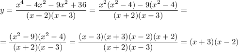 y=\displaystyle \frac{x^4-4x^2-9x^2+36}{(x+2)(x-3)}= \frac{x^2(x^2-4)-9(x^2-4)}{(x+2)(x-3)}=\\ \\ \\ = \frac{(x^2-9)(x^2-4)}{(x+2)(x-3)} = \frac{(x-3)(x+3)(x-2)(x+2)}{(x+2)(x-3)}=(x+3)(x-2)