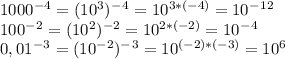 1000^-^4 = (10^3)^-^4 = 10^{3*(-4)} = 10^-^1^2\\100^-^2 = (10^2)^{-2} = 10^{2*(-2)} = 10^-^4\\0,01^-^3 = (10^{-2})^-^3 = 10^{(-2)*(-3)} = 10^6