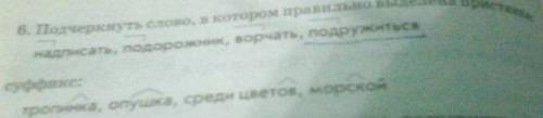 Подчеркнуть слово,в котором правильно выделен суффикс. тропинка, опушка, среди цветов, морской.