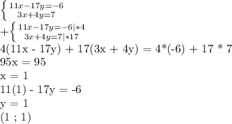 \left \{ {{11x - 17 y = -6} \atop {3x+4y=7}} \right. &#10;&#10; +\left \{ {{11x-17y=-6|*4} \atop {3x+4y=7|*17}} \right. &#10;&#10;4(11x - 17y) + 17(3x + 4y) = 4*(-6) + 17 * 7&#10;&#10;95x = 95&#10;&#10;x = 1&#10;&#10;11(1) - 17y = -6&#10;&#10;y = 1&#10;&#10;(1 ; 1)&#10;