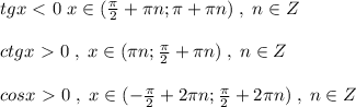 tgx\ \textless \ 0\; x\in (\frac{\pi}{2}+\pi n;\pi +\pi n)\; ,\; n\in Z\\\\ctgx\ \textgreater \ 0\; ,\; x\in (\pi n;\frac{\pi}{2}+\pi n)\; ,\; n\in Z\\\\cosx\ \textgreater \ 0\; ,\; x\in (-\frac{\pi}{2}+2\pi n;\frac{\pi}{2}+2\pi n)\; ,\; n\in Z