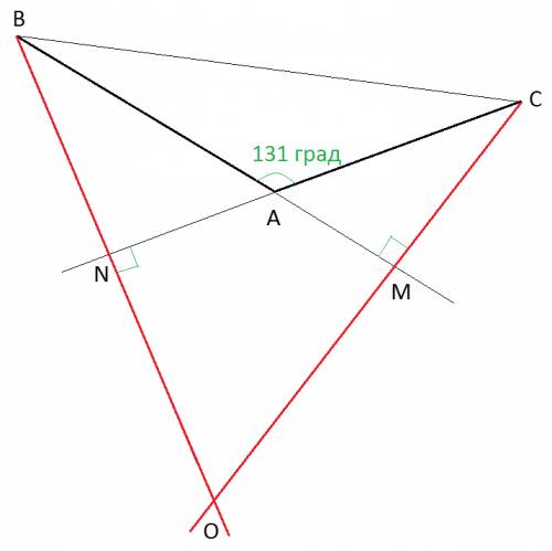 Втреугольнике abc угол a равен 131o. bd и ce – высоты, пересекающиеся в точке o . найдите угол boc .