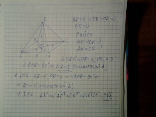 Длина стороны ромба авсд равна 5 см.,длина диагонали вд равна 6 см.через точку о пересечения диагона