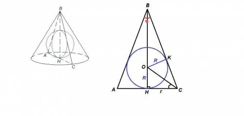 Вконус с углом φ при вершине осевого сечения и радиусом основания r вписана сфера радиуса r (т. е. с
