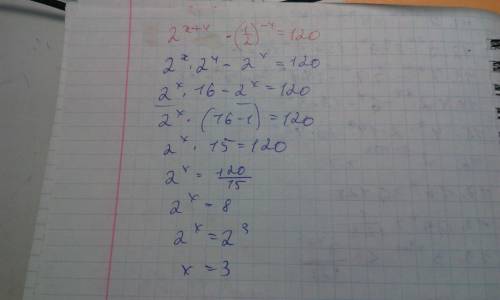 Решить 1) 2^x-2^x-2=24 2)2^x+1-7*2^x-2=16 3)2^x+4-(1/2)^-x=120