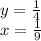 y= \frac{1}{4} \\ x= \frac{1}{9}