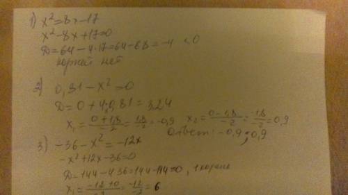 Сэтими примерами. x2=8x-17 0,81-x2=0 -36-x2=-12x 7x2-3x=4 19x-6x2-10=0 за ранее.