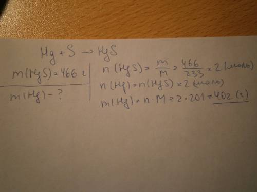 Решить . сколько граммов ртути потребуется для получения сульфида ртути массой 466гр?