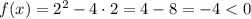 f(x) = 2^2 - 4 \cdot 2 = 4 - 8 = -4 < 0