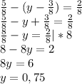 \frac{5}{8} -(y- \frac{3}{8} )= \frac{2}{8} \\ \frac{5}{8} -y+ \frac{3}{8} = \frac{2}{8} \\ \frac{8}{8} -y= \frac{2}{8} |*8 \\ 8-8y=2 \\ 8y=6 \\ y=0,75