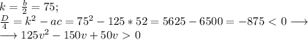 k= \frac{b}{2}=75; &#10;\\ \ \frac{D}{4}=k^2-ac=75^2-125*52=5625-6500=-875\ \textless \ 0 \longrightarrow \\ \longrightarrow 125v^2-150v+50v\ \textgreater \ 0