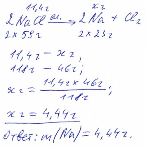 Вычислить массу натрия который получается при электролизе расплава хлорида натрия массой 11,4?